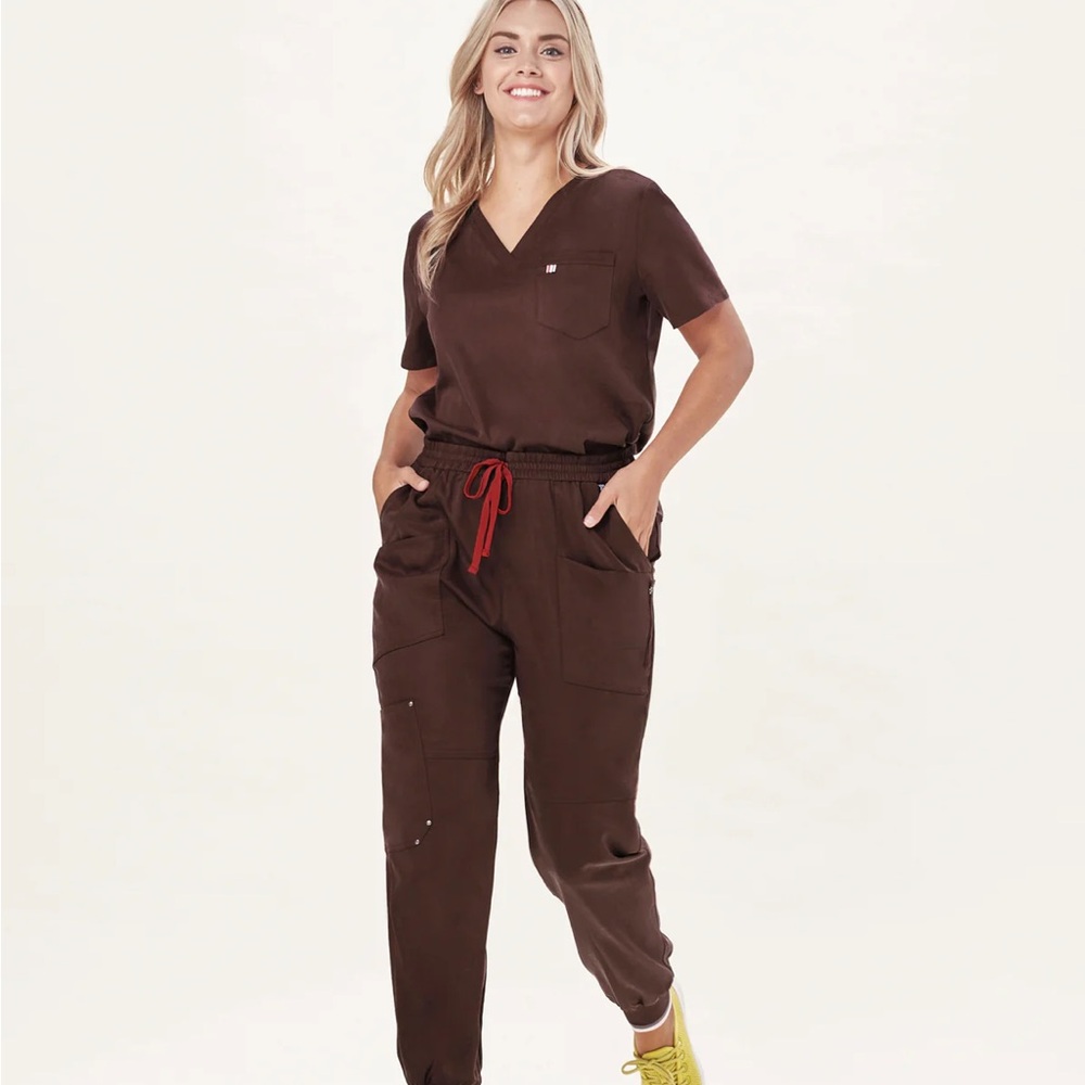 Brown Women's Jumpsuit with Red Accents